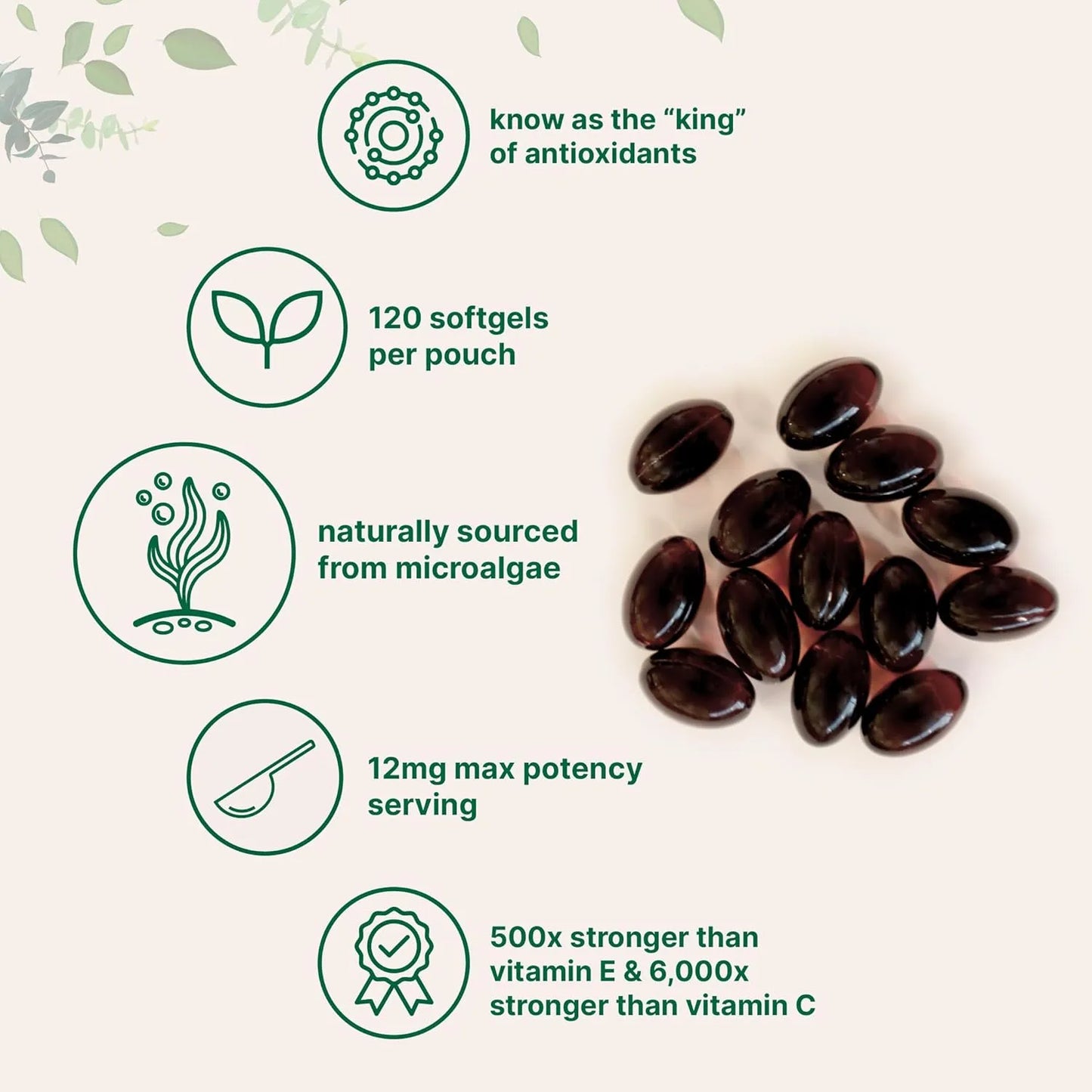 Astaxanthin 12 mg | Firmeza y Juventud para tu Piel 120 Capsulas